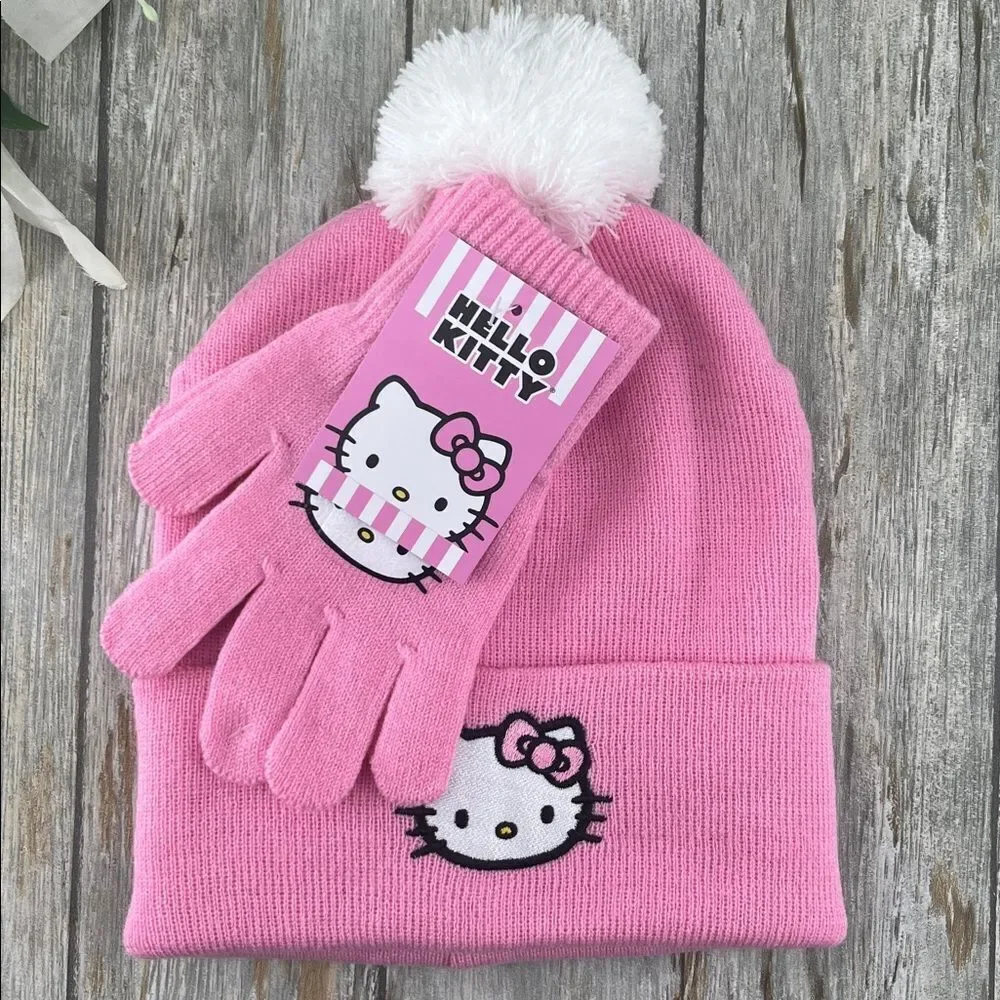 Hello Kitty Pink Beanie Hat & Gloves 3-Piece Set